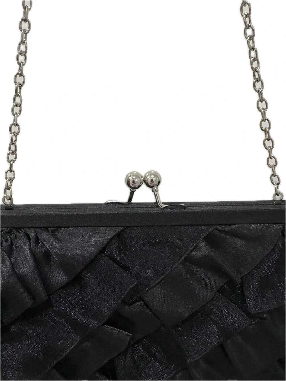 White House Black Market Black Satin Ruffle Clutch Evening Bag, Silver Chain